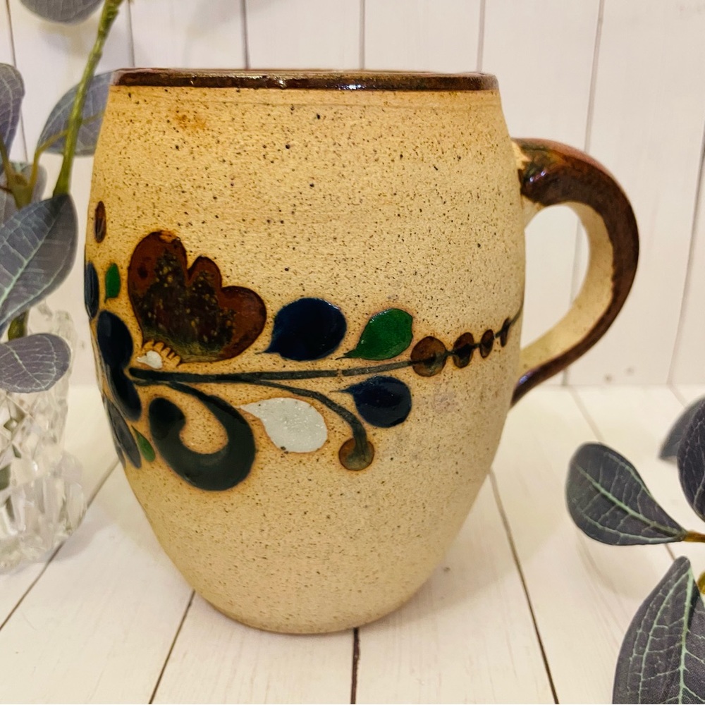 Vintage Mexican Folk Art  Pottery Tonala Sand Mug Vase With Floral Designs Marke